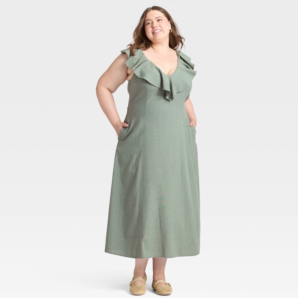 Universal Thread Ruffle Sleeve Maxi A-Line Dress pockets Green women's XXL nwt